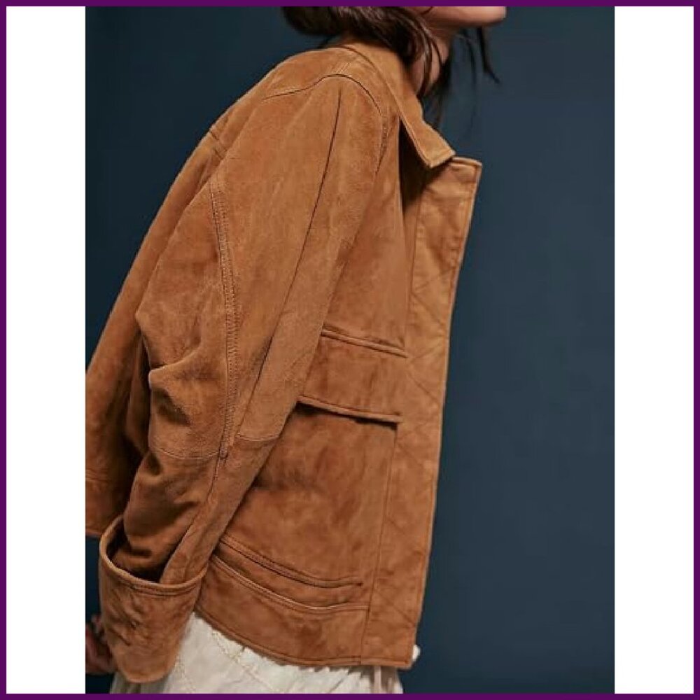 Faux Suede Bomber Jacket Oversized Fit with Pockets Women's Casual - Picture 5 of 5